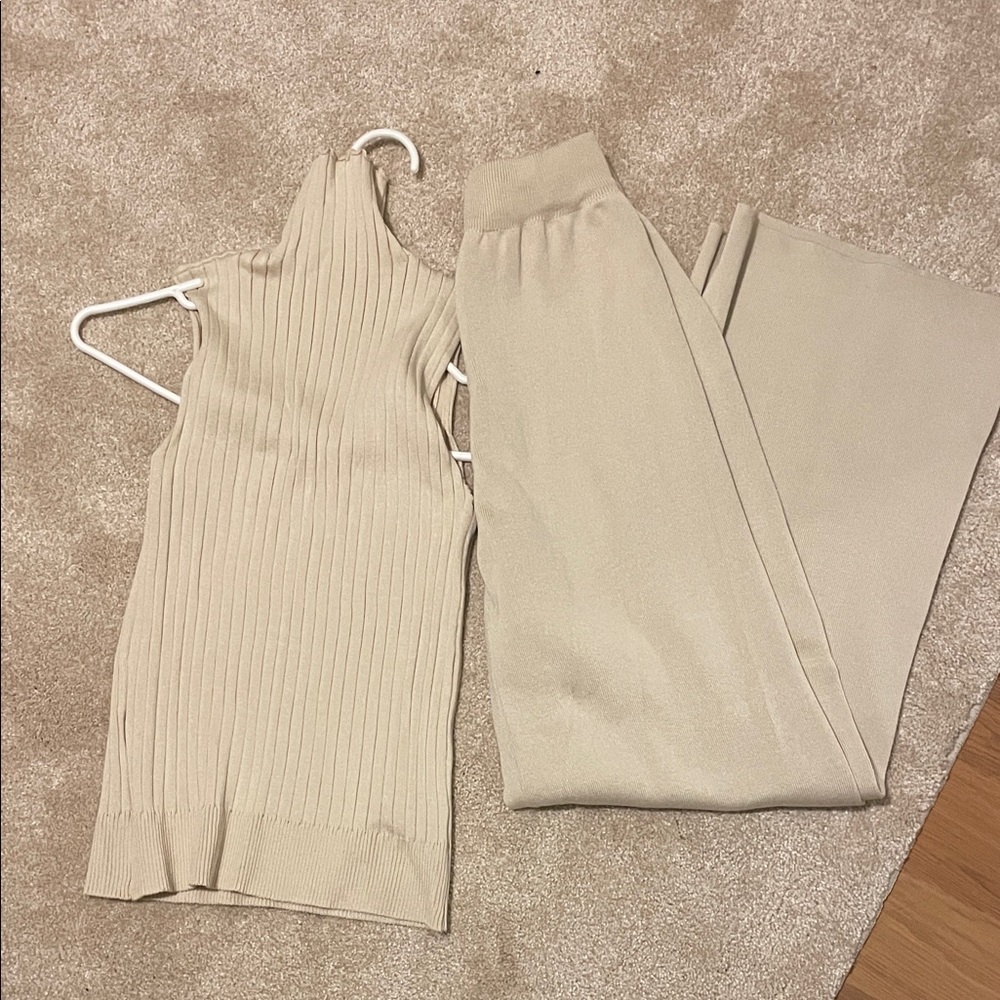 Beige Ribbed Knit Tank & Wide-Leg Pants Set